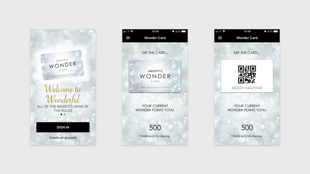 Arnotts wonder card app screens