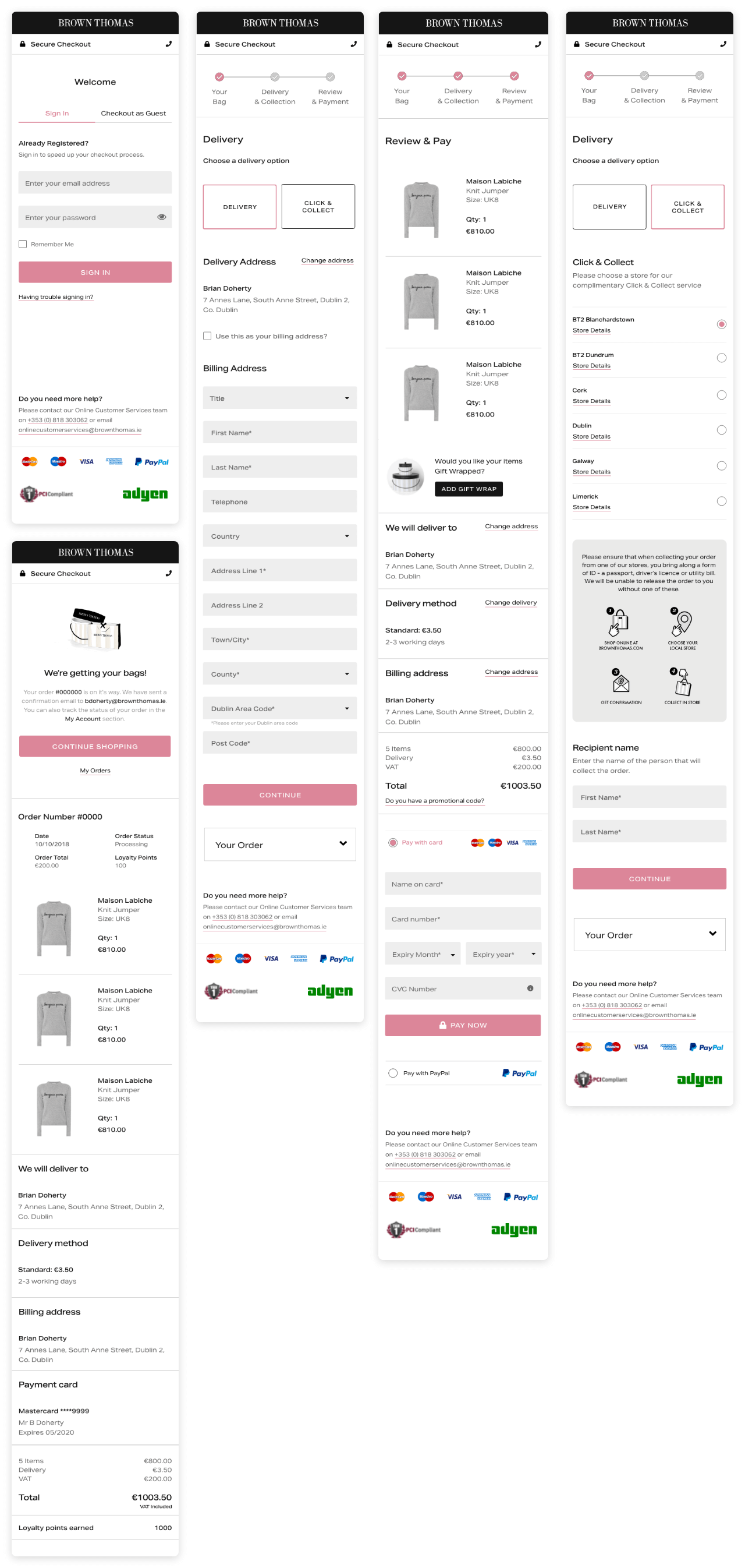 Brown Thomas checkout - final designs sample on mobile