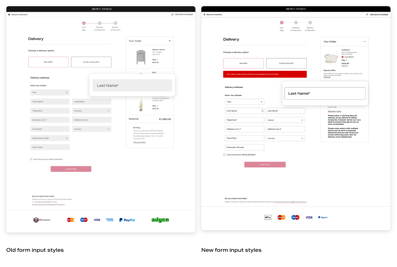 Brown Thomas checkout - form input style update