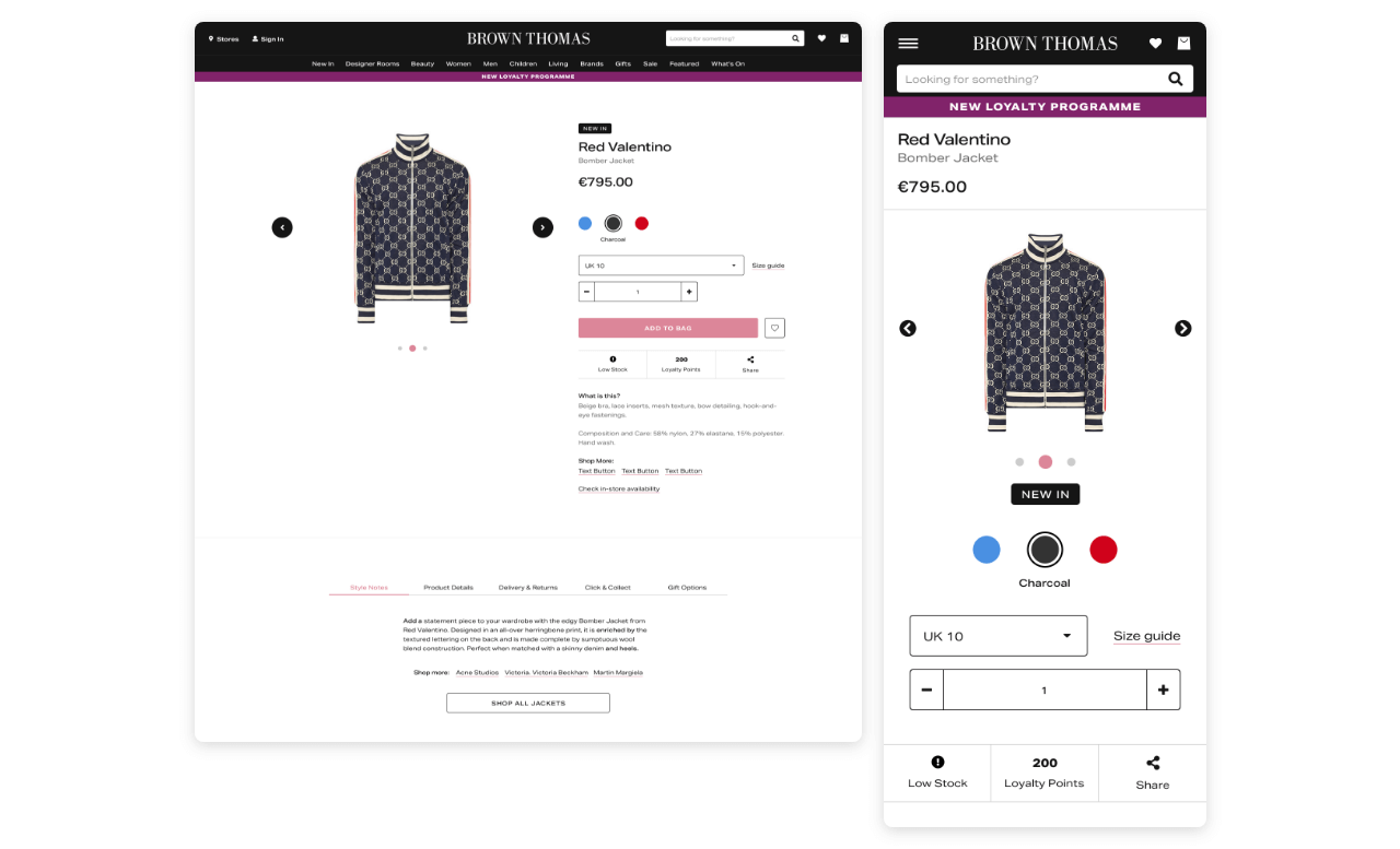 PDP design with stock indicators, loyalty messaging and share functionality
