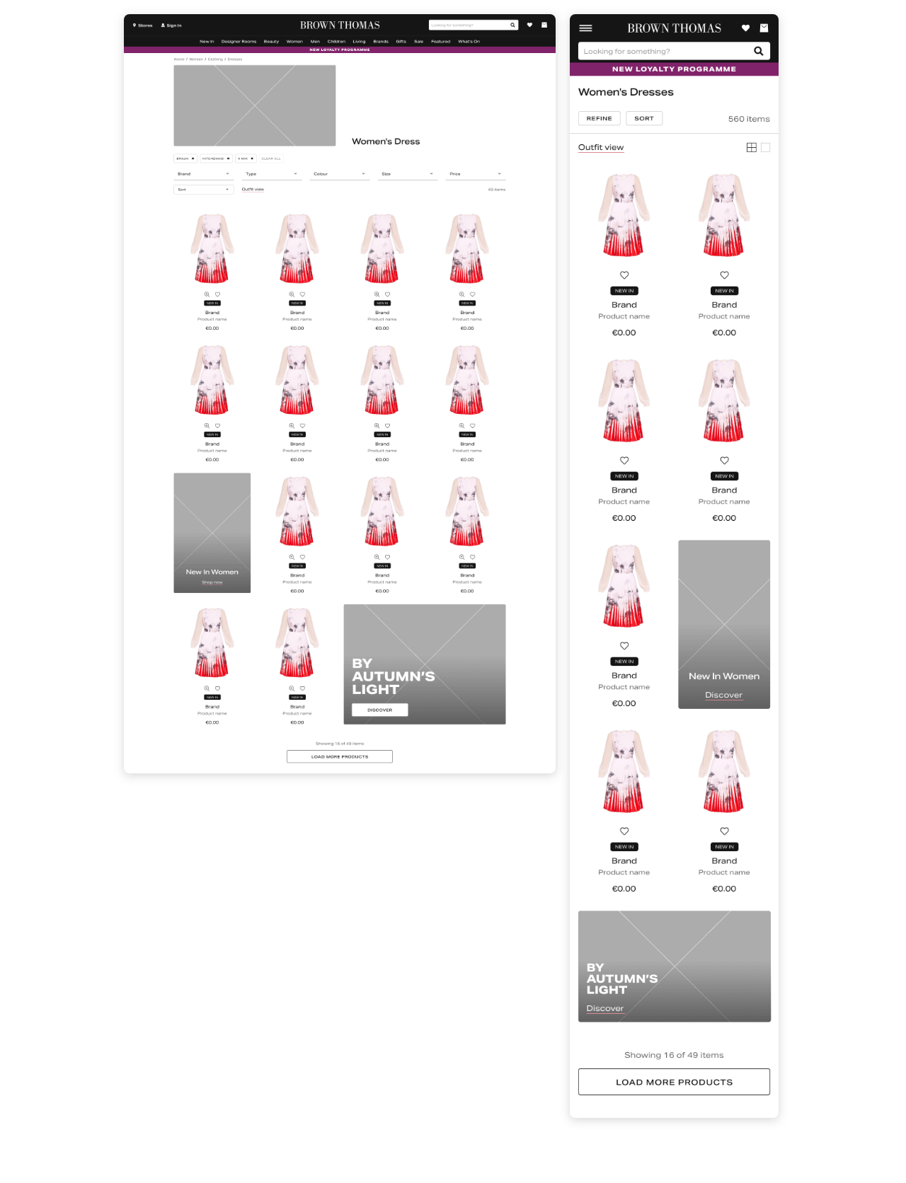 PLP template for desktop & mobile showing updateded content integration slots.