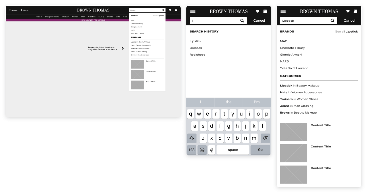 Desktop and mobile screens showing search history enabled and more concise category & brand search suggestions.