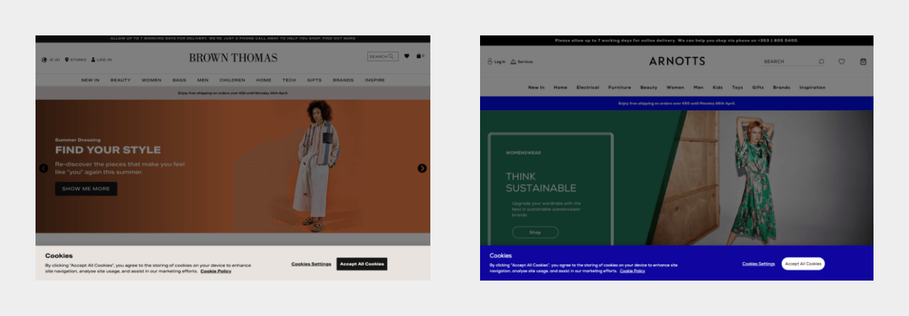 Cookie banner displayed on brownthomas.com and arnotts.ie